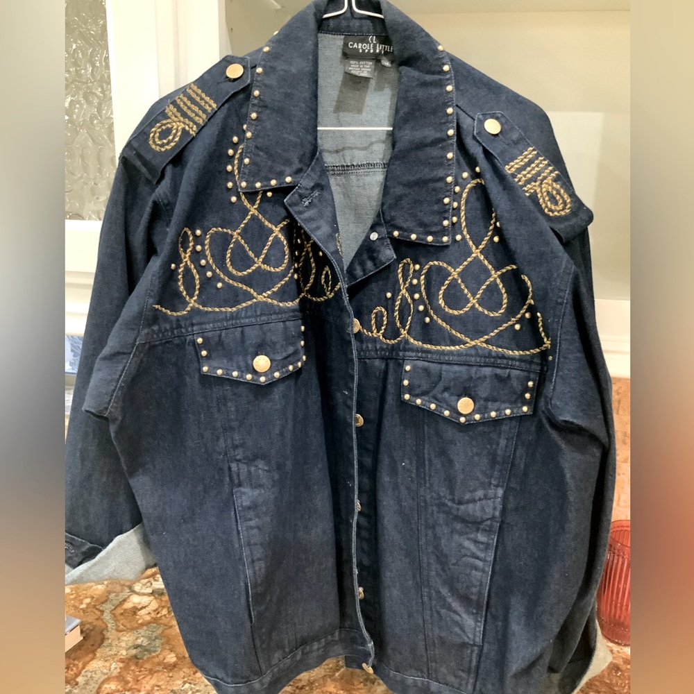Carole Little Vintage Denim Jean Jacket with Gold Trim Size 14
